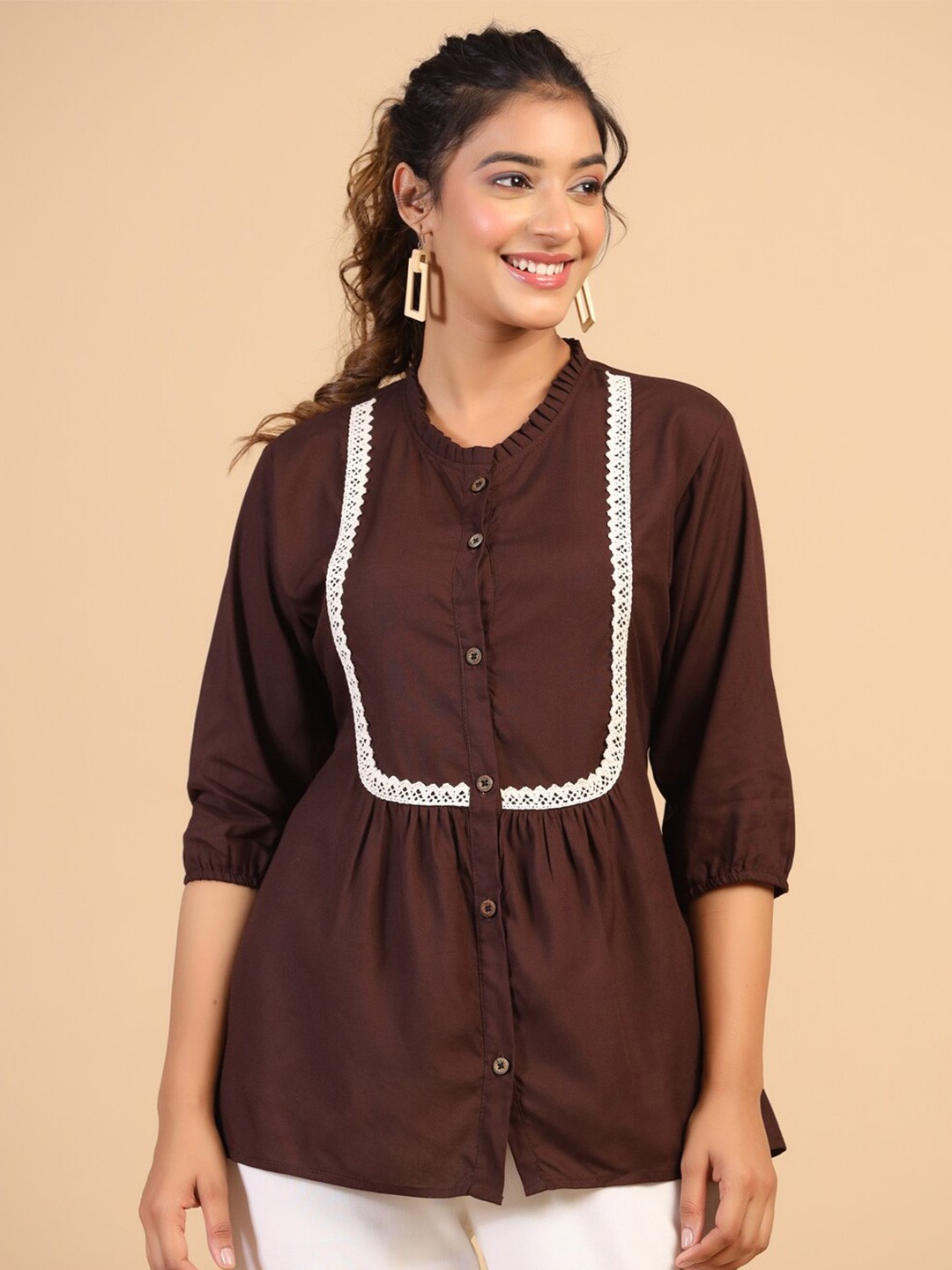 

Nimayaa Round Neck Gathered Or Pleated Shirt Style Top, Brown