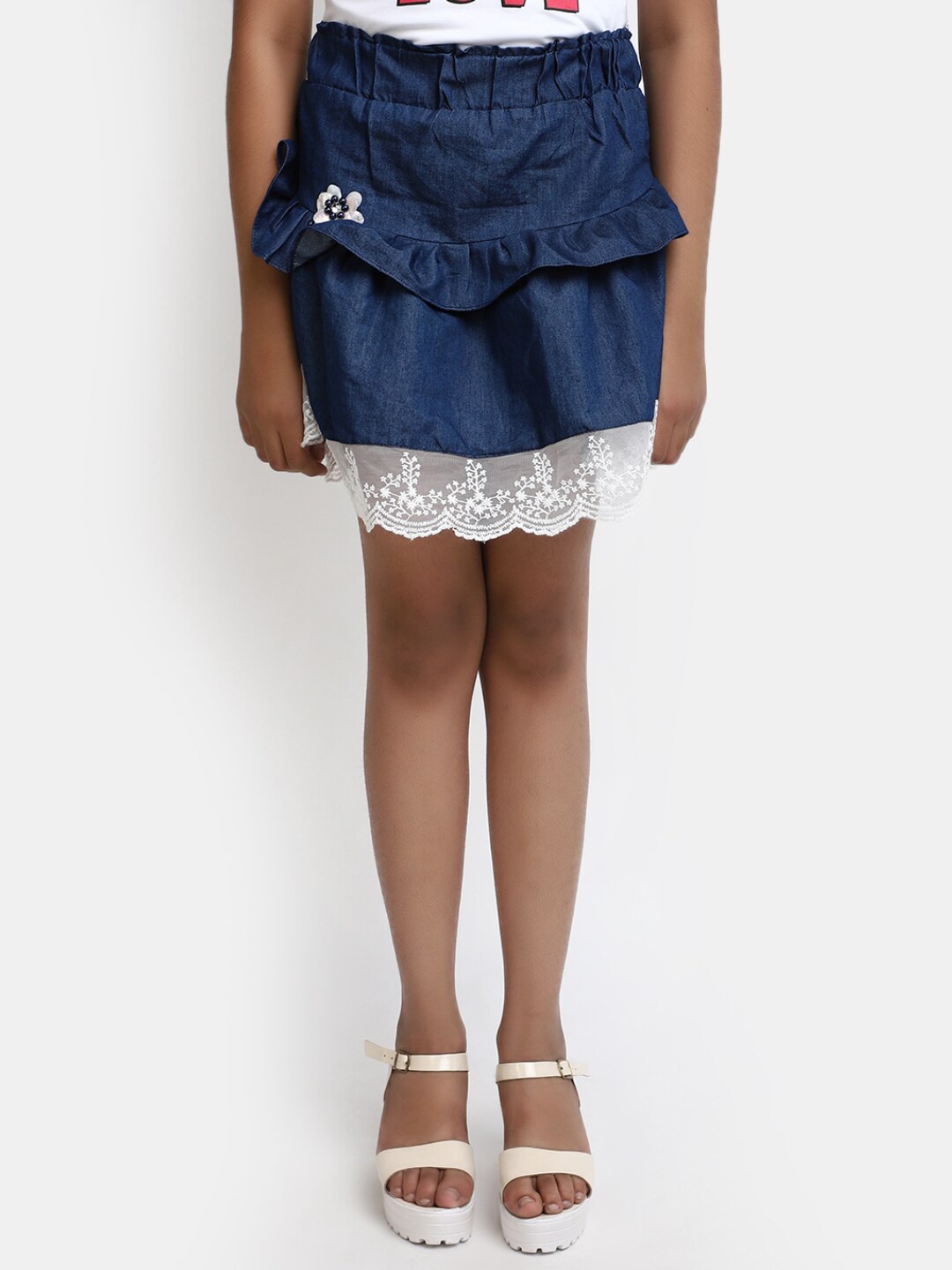 

V-Mart Girls Lace Details Denim A Line Skirts, Blue