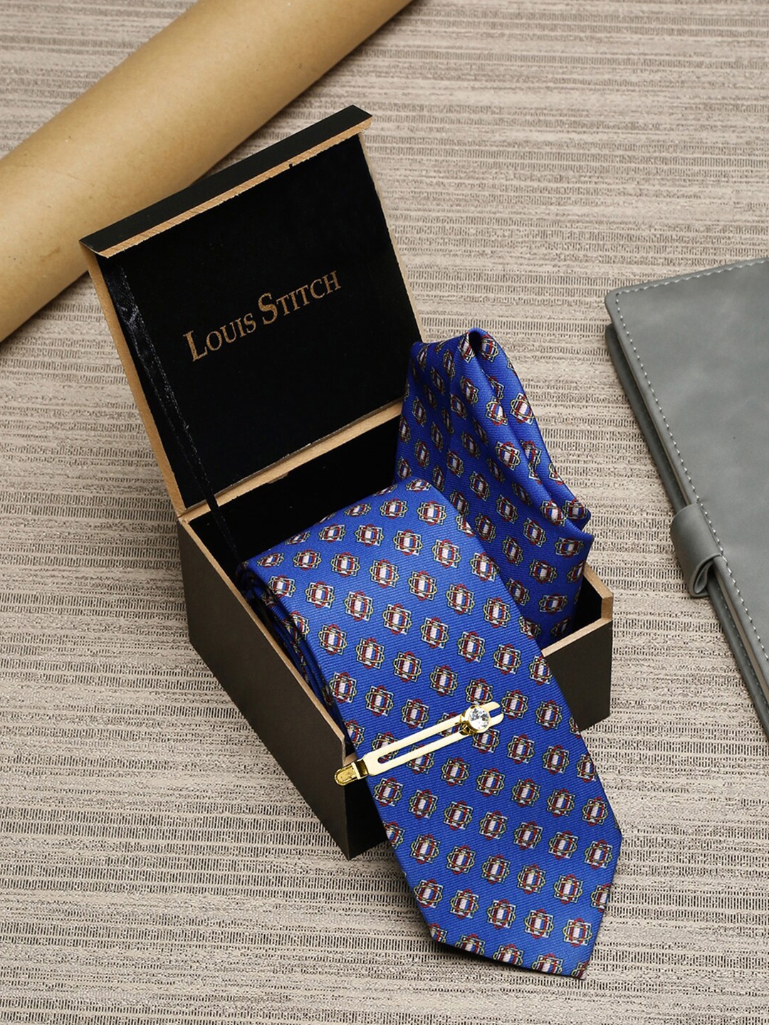 

LOUIS STITCH Men Italian Silk Necktie & Pocket Square with Golden Tie pin, Blue