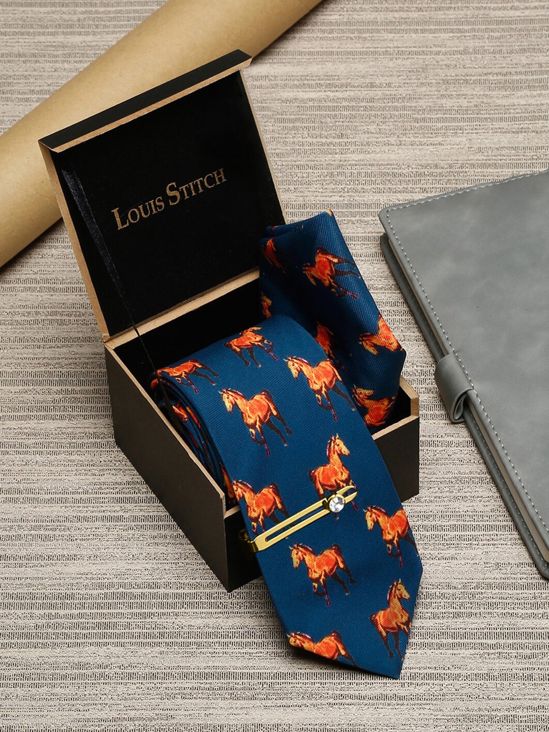 

LOUIS STITCH Men Italian Silk Necktie With Pocket Square & Lapel Pin, Blue