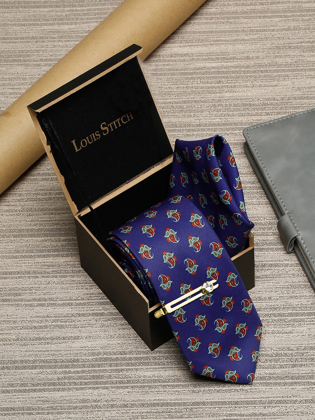 

LOUIS STITCH Men Printed Italian Silk Necktie With Pocket Square & Lapel Pin, Blue