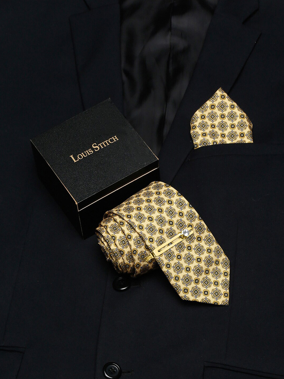 

LOUIS STITCH Set Of 3 Italian Silk Necktie & Pocket Square with Golden Tie pin, Yellow