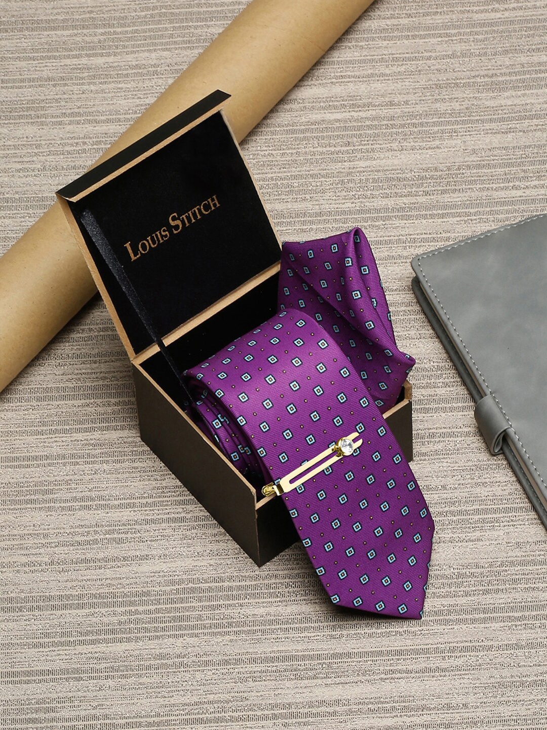 

LOUIS STITCH Set Of 3 Italian Silk Necktie & Pocket Square with Golden Tie pin, Purple