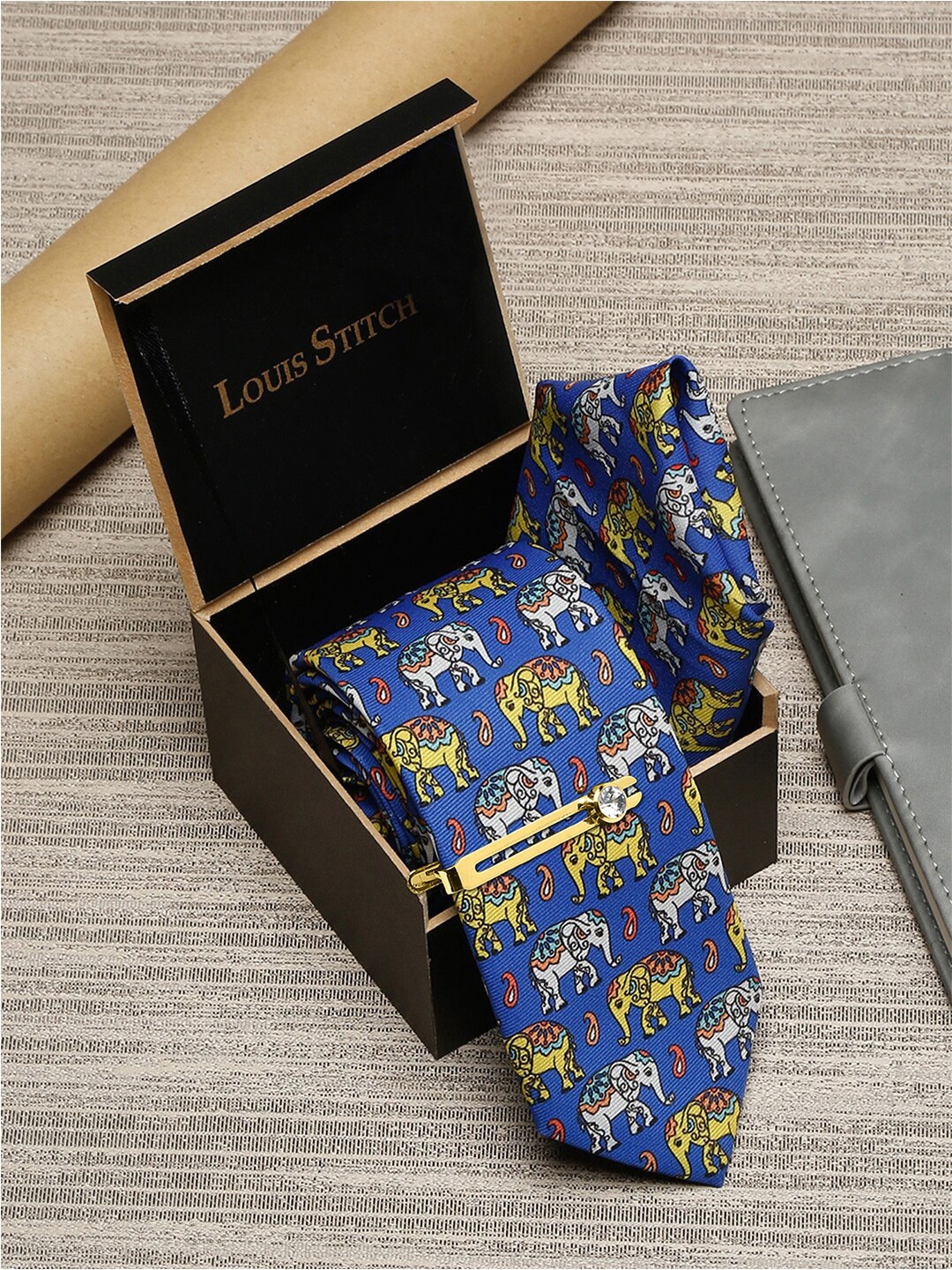 

LOUIS STITCH Men Italian Silk Necktie & Pocket Square with Golden Tie pin, Blue