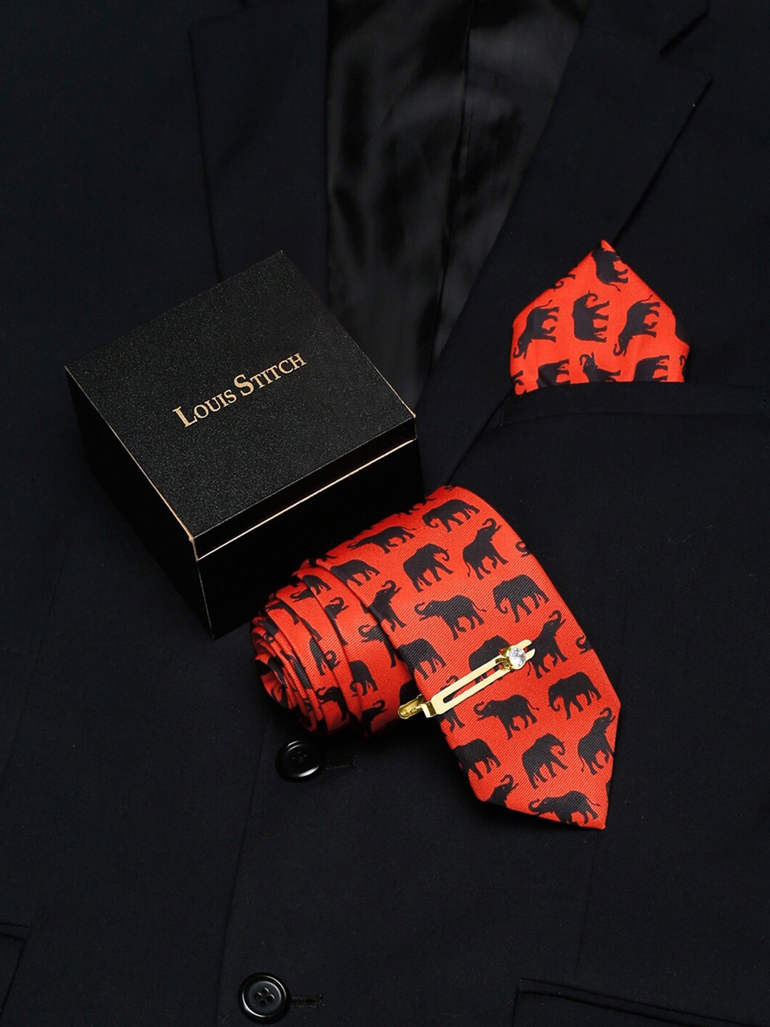 

LOUIS STITCH Men Printed Italian Silk Necktie With Pocket Square & Lapel Pin, Orange