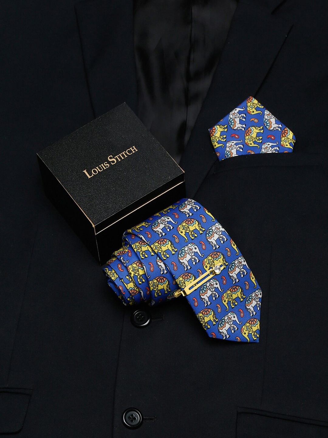 

LOUIS STITCH Men Italian Silk Necktie & Pocket Square with Golden Tie pin, Blue