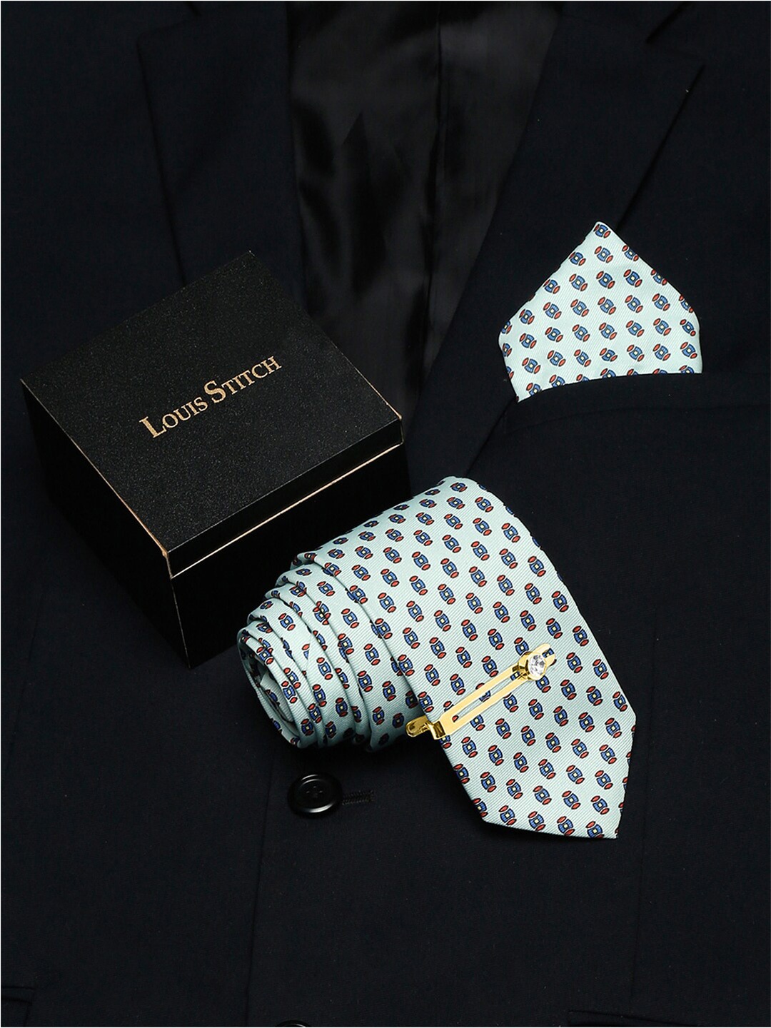 

LOUIS STITCH Men Italian Silk Necktie & Pocket Square Accessory Gift Set, Blue