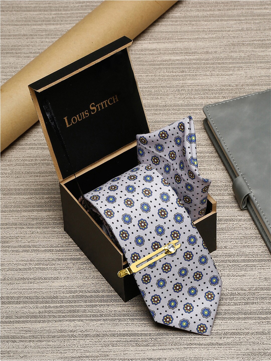 

LOUIS STITCH Men Italian Silk Necktie & Pocket Square with Golden Tie pin, Grey