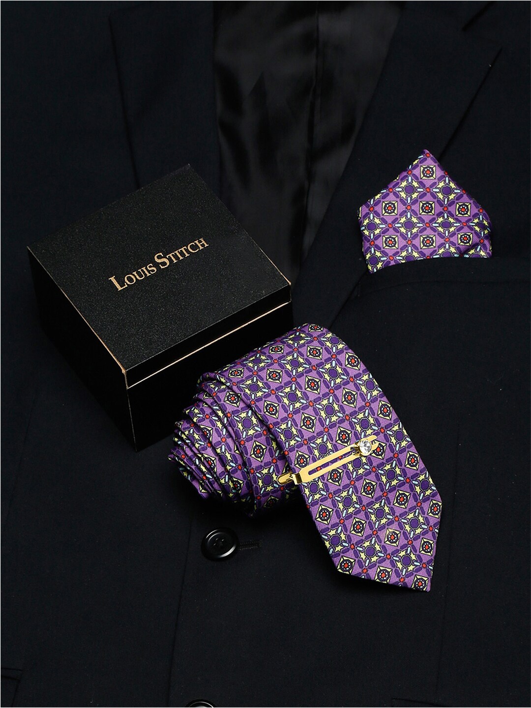 

LOUIS STITCH Men Italian Silk Necktie & Pocket Square with Golden Tie pin, Purple