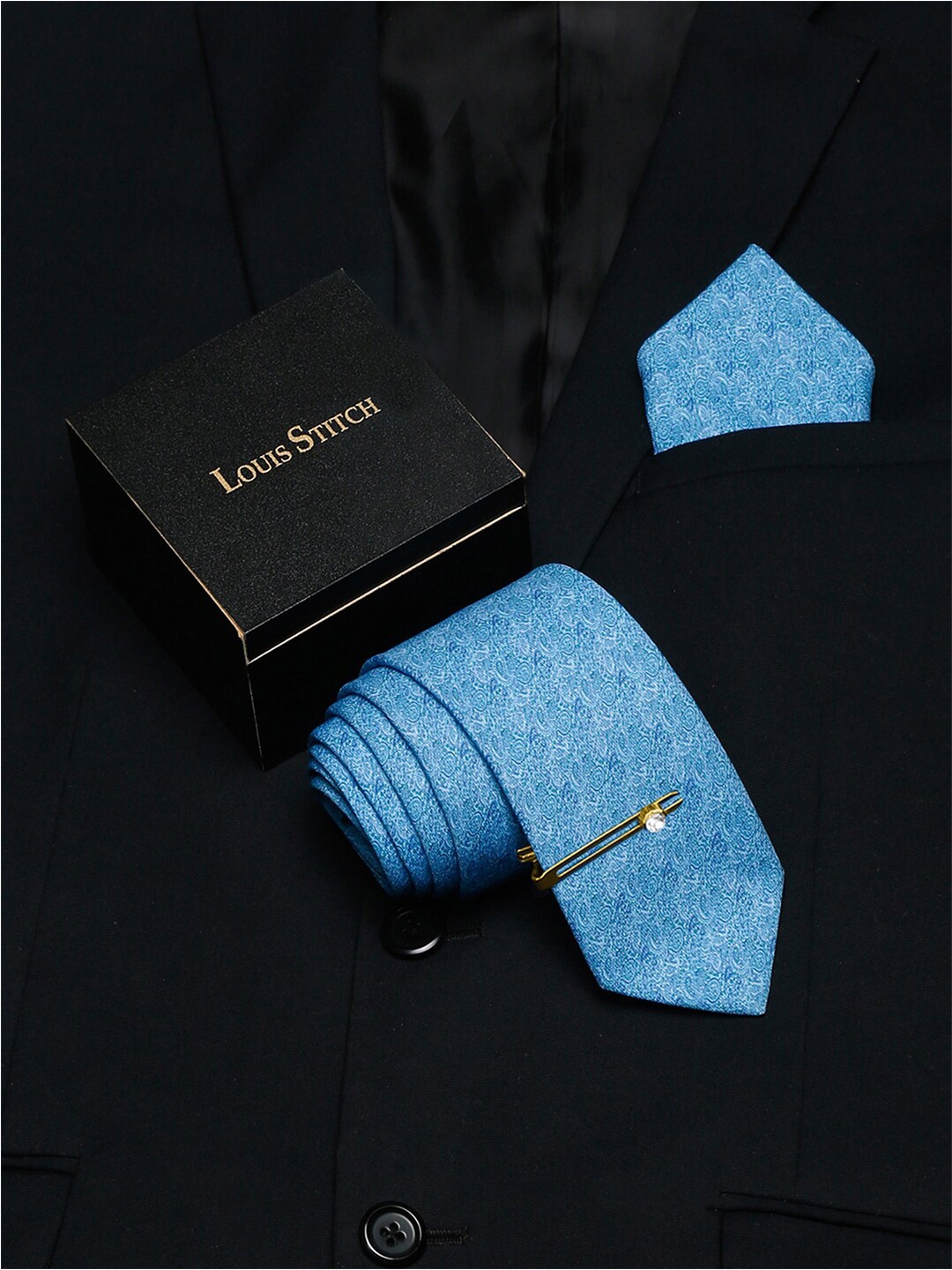 

LOUIS STITCH Men Italian Silk Necktie & Pocket Square Accessory Gift Set, Blue