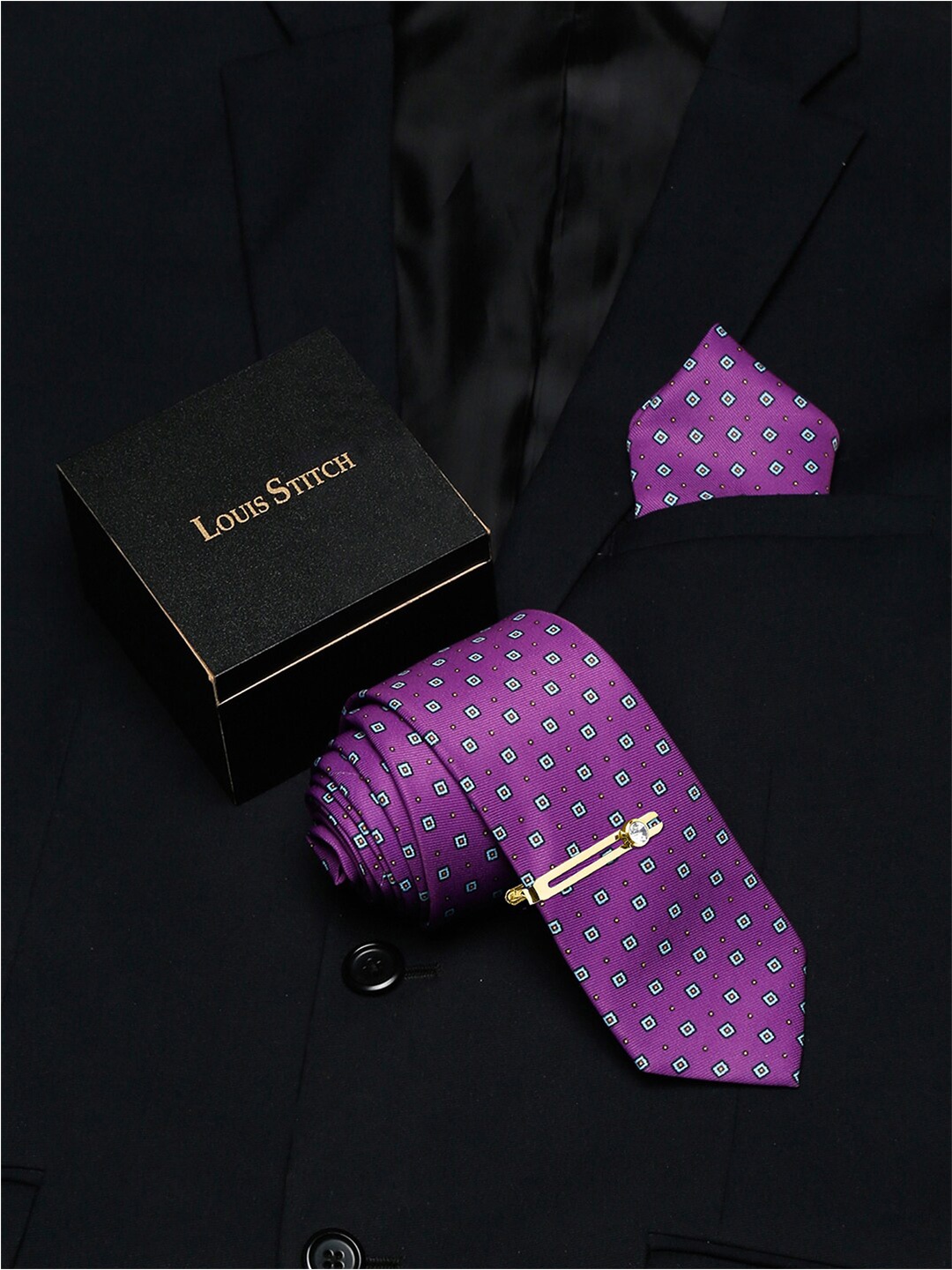 

LOUIS STITCH Set Of 3 Italian Silk Necktie & Pocket Square with Golden Tie pin, Purple