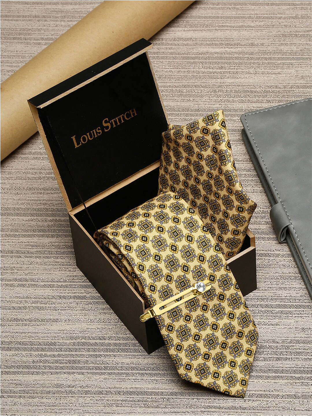 

LOUIS STITCH Set Of 3 Italian Silk Necktie & Pocket Square with Golden Tie pin, Yellow