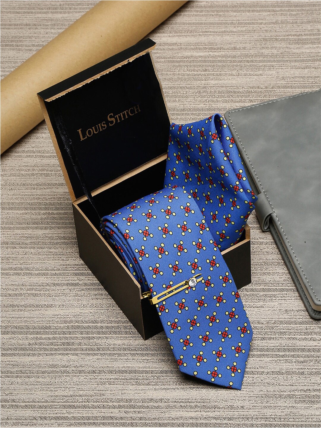 

LOUIS STITCH Men Italian Silk Necktie & Pocket Square with Golden Tie pin, Blue