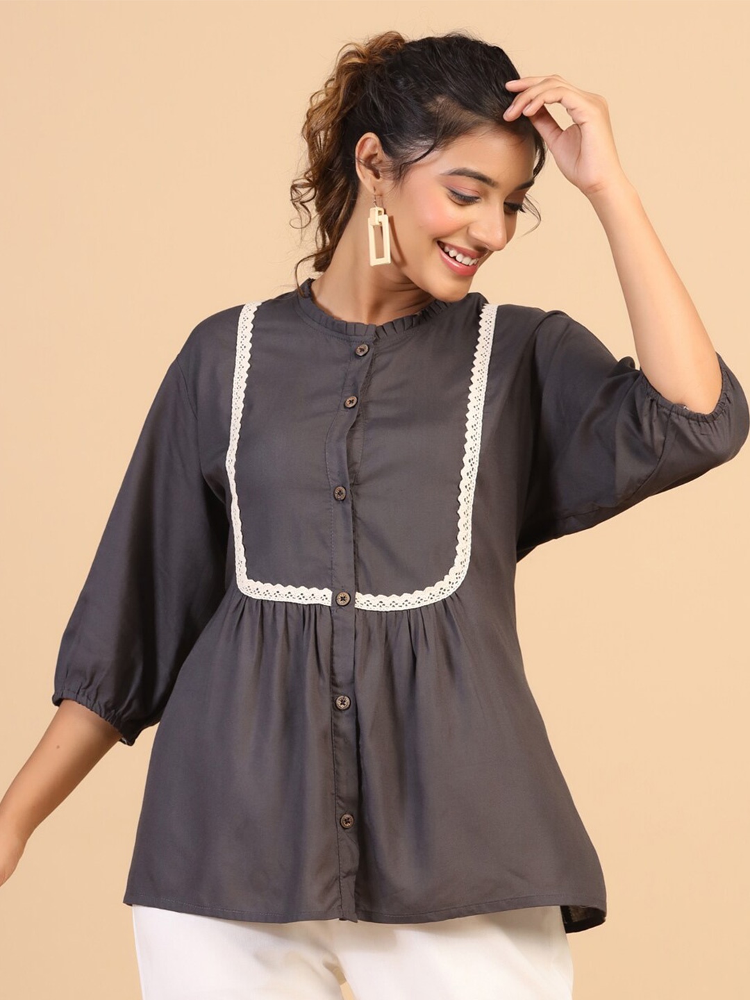 

KALINI Puff Sleeves Peplum Top, Grey