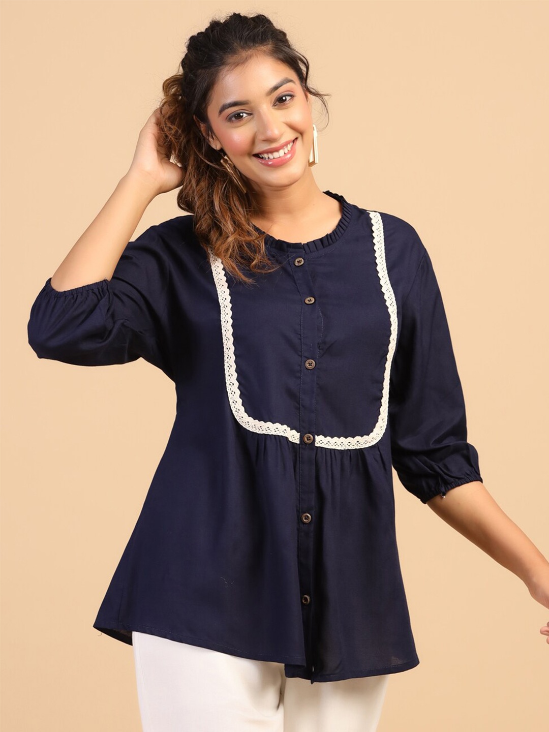 

KALINI Puff Sleeves Peplum Top, Navy blue