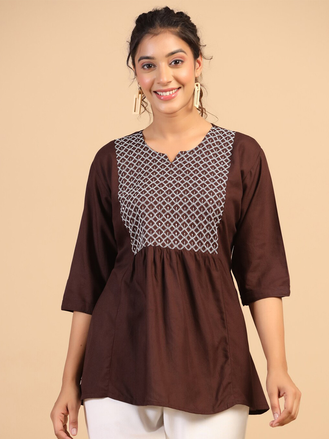 

KALINI Yoke Embroidered Peplum Top, Brown