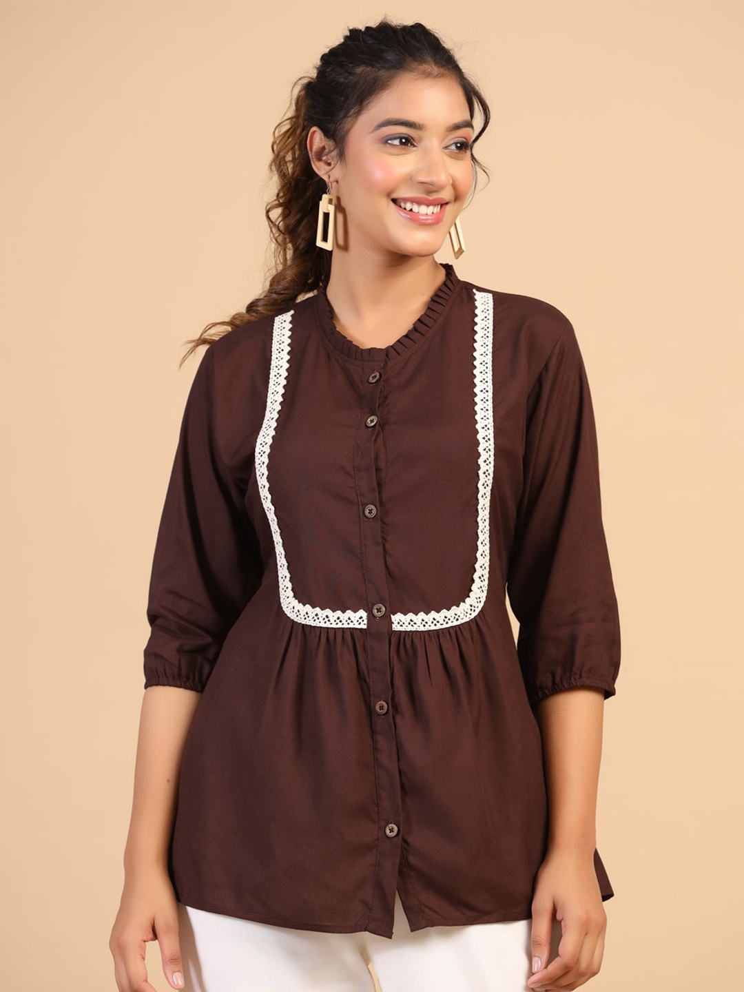 

KALINI Puff Sleeves Peplum Top, Brown