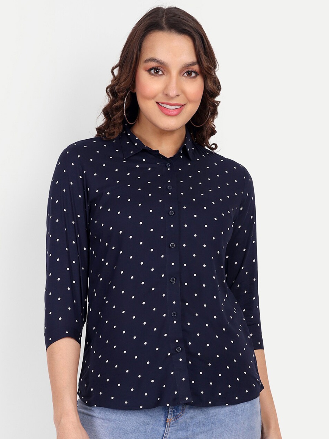 

ASCIIBLUES Polka Dot Printed Slim Collar Casual Shirt, Navy blue