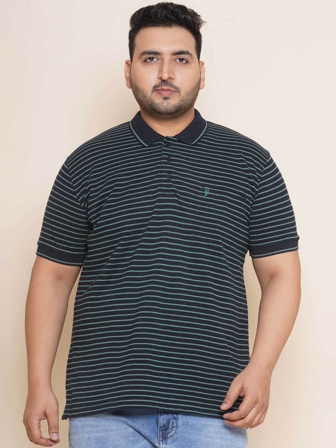 

John Pride Plus Size Striped Polo Collar Pure Cotton T-shirt, Green