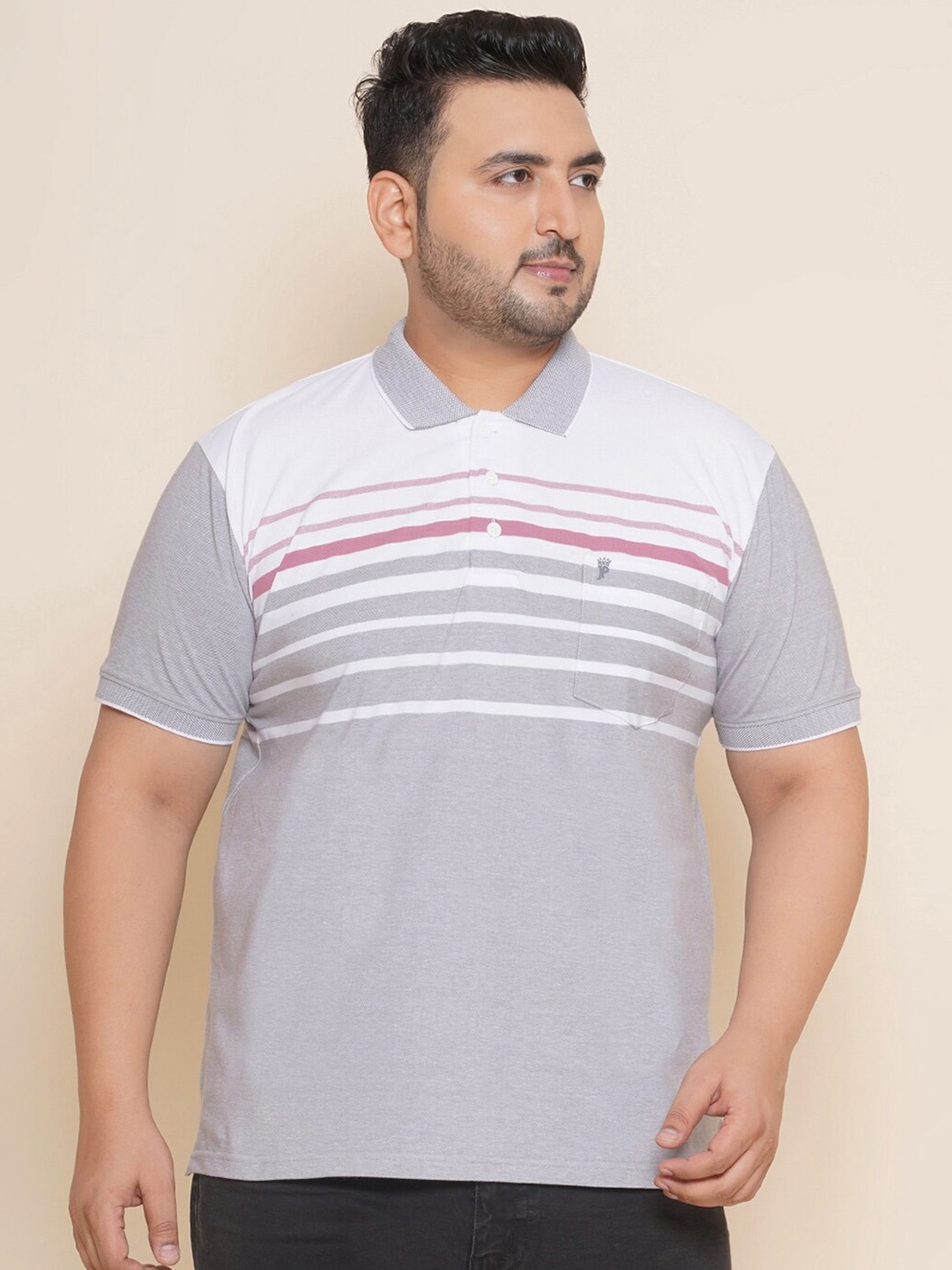 

John Pride Plus Size Striped Polo Collar Pure Cotton T-shirt, Grey