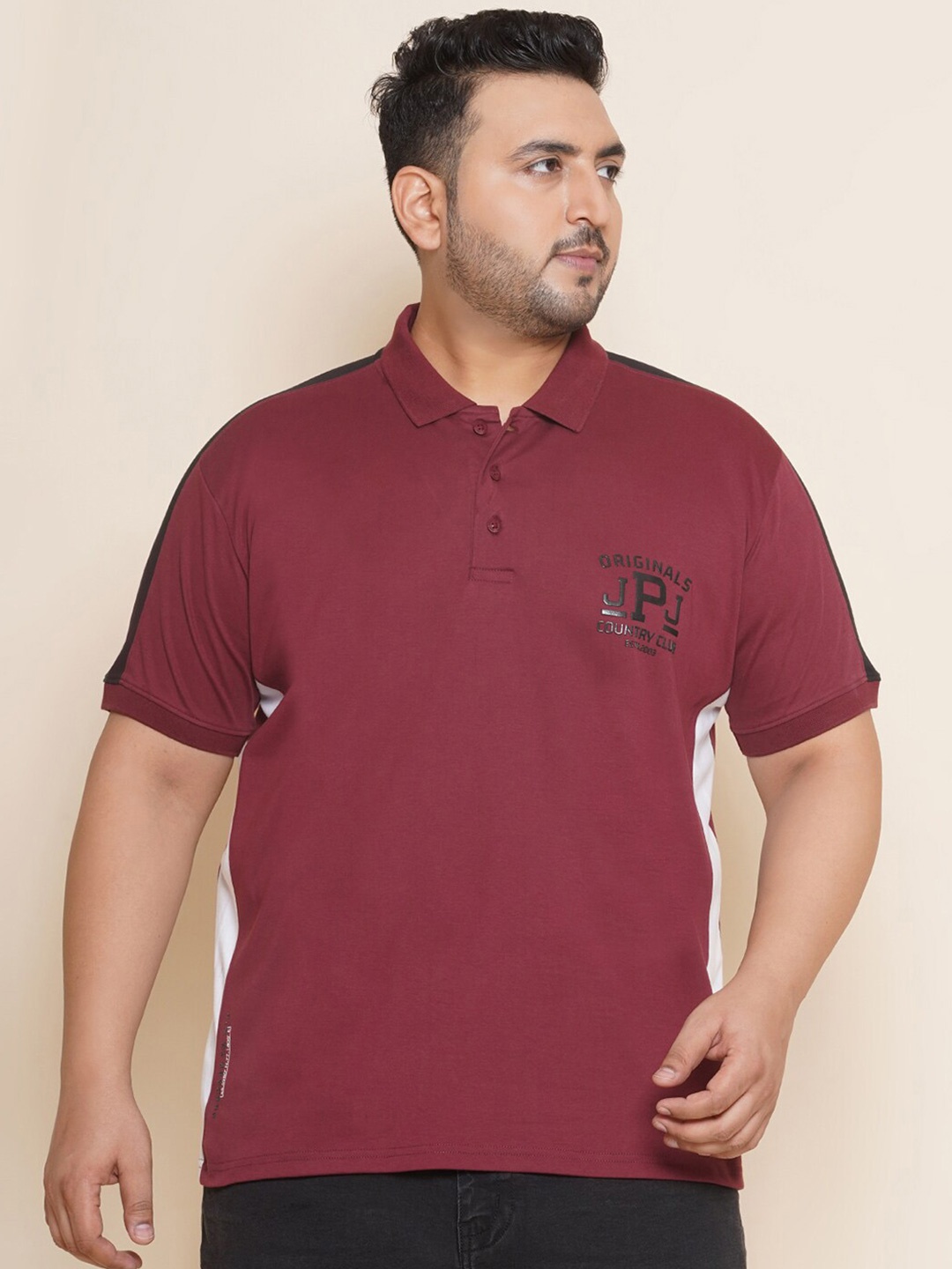 

John Pride Plus Size Colourblocked Polo Collar Cotton T-shirt, Maroon