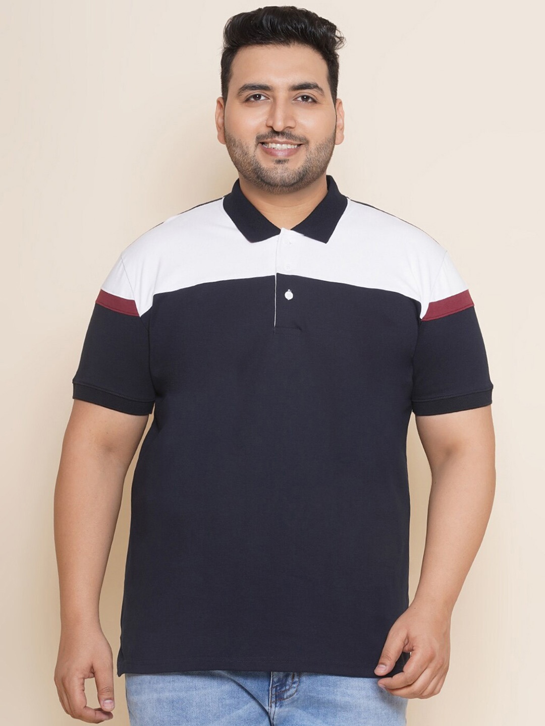 

John Pride Plus Size Colourblocked Polo Collar Cotton T-shirt, Navy blue