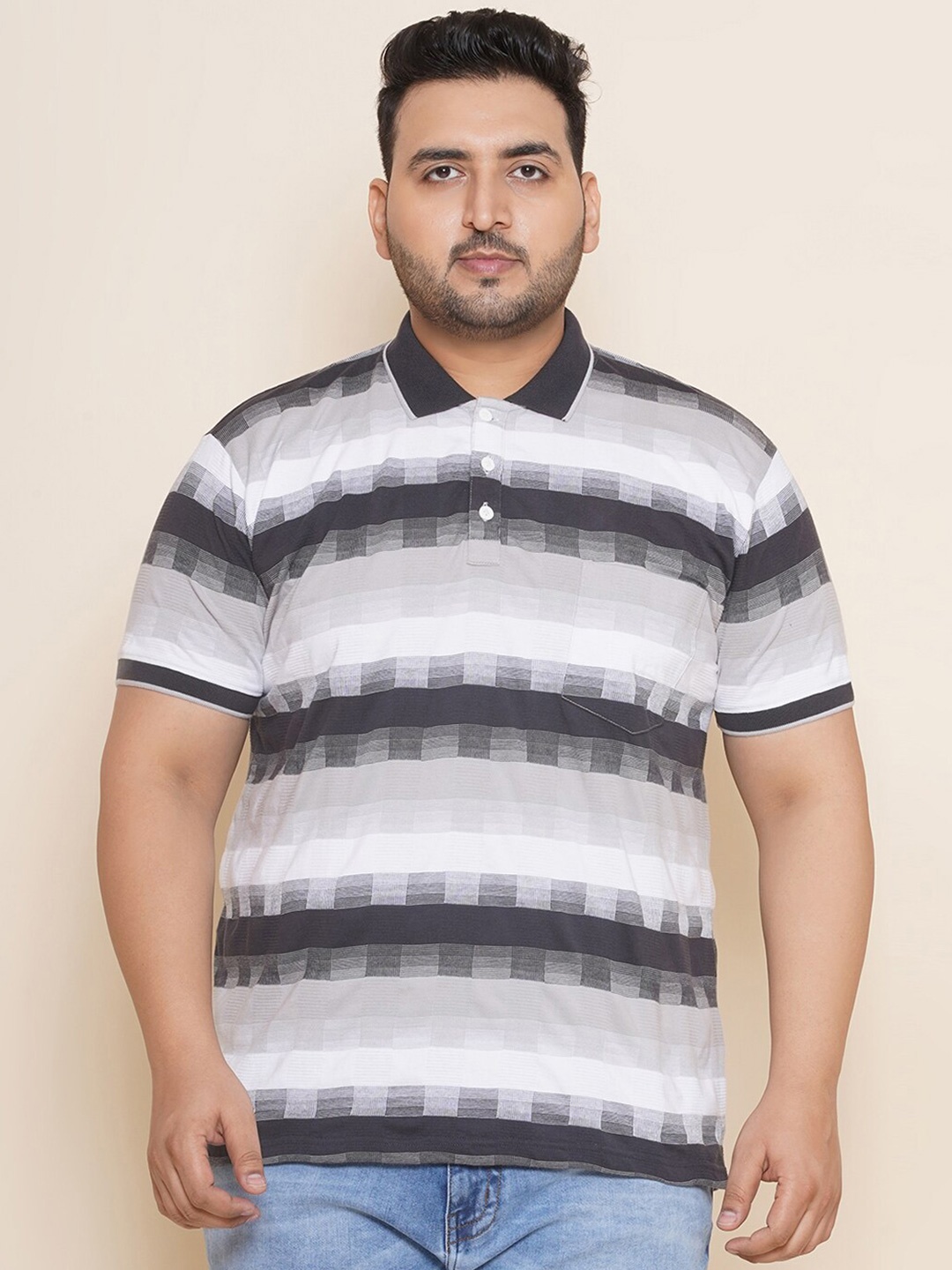 

John Pride Plus Size Striped Polo Collar Pure Cotton T-shirt, White