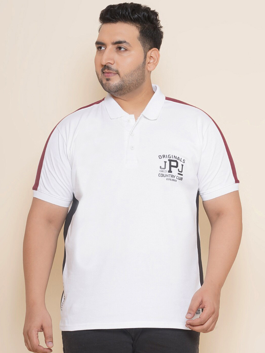 

John Pride Plus Size Colourblocked Polo Collar Cotton T-shirt, White