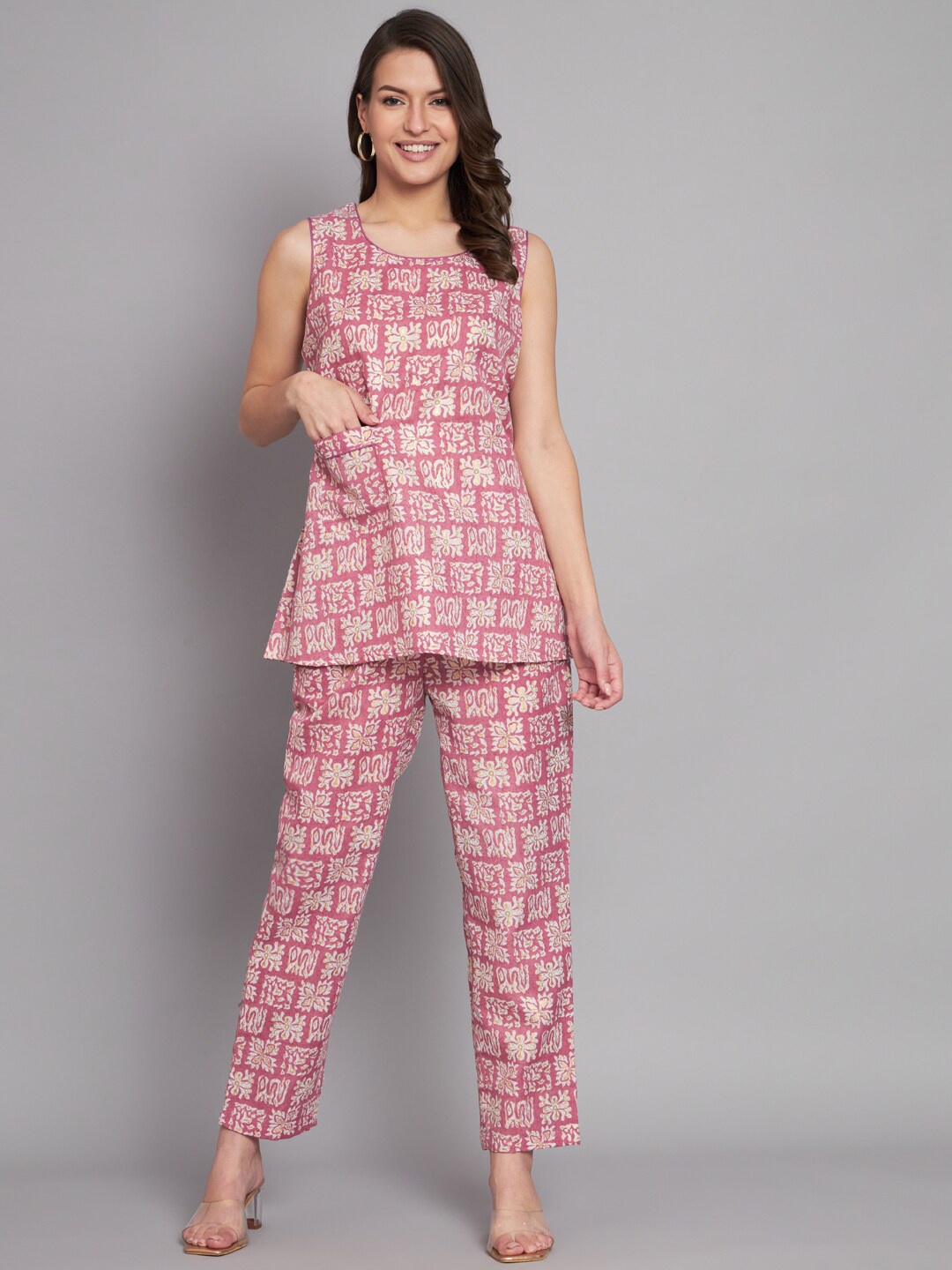 

Vastralay Printed Pure Cotton Top With Trousers, Pink