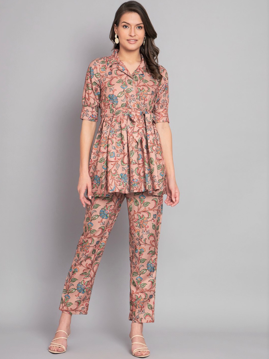 

Vastralay Floral Printed Peplum Top With Belt & Trousers, Brown