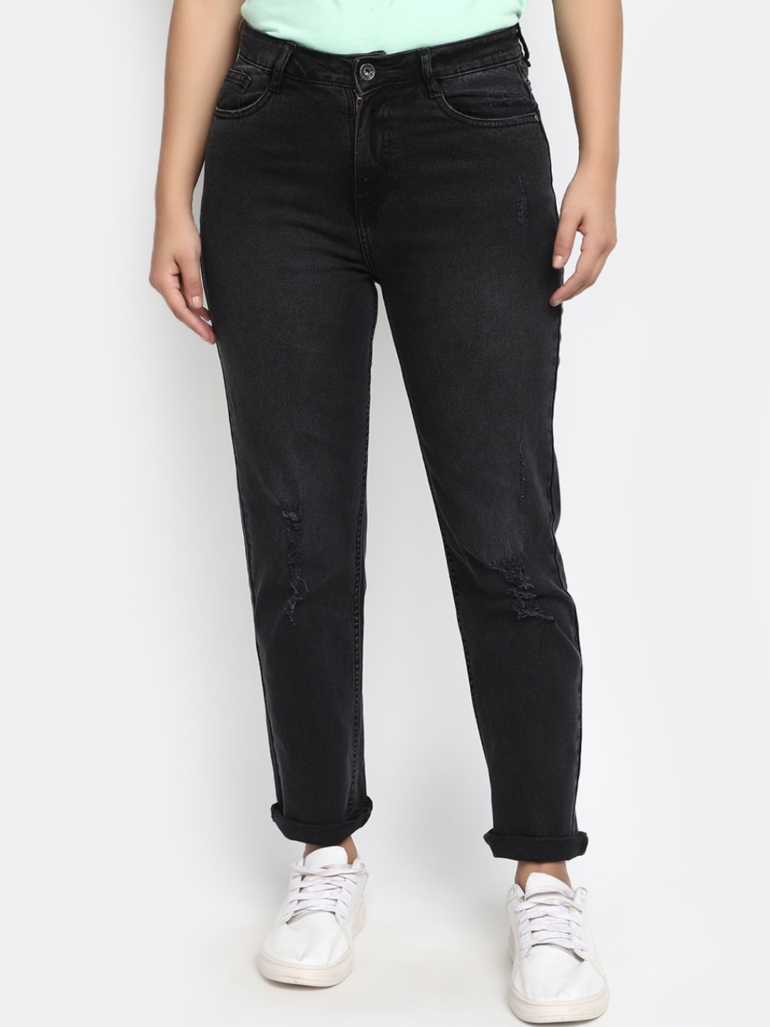 

V-Mart Regular Fit Mid Rise Mildly Distressed Ripped Stretchable Jeans, Black