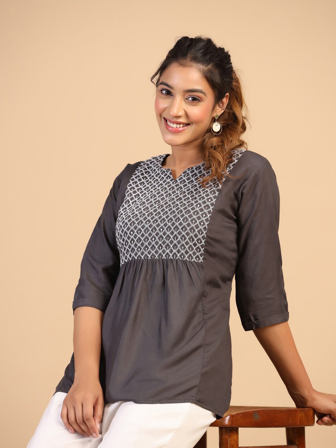 

Sangria Grey & White Embroidered A-Line Top