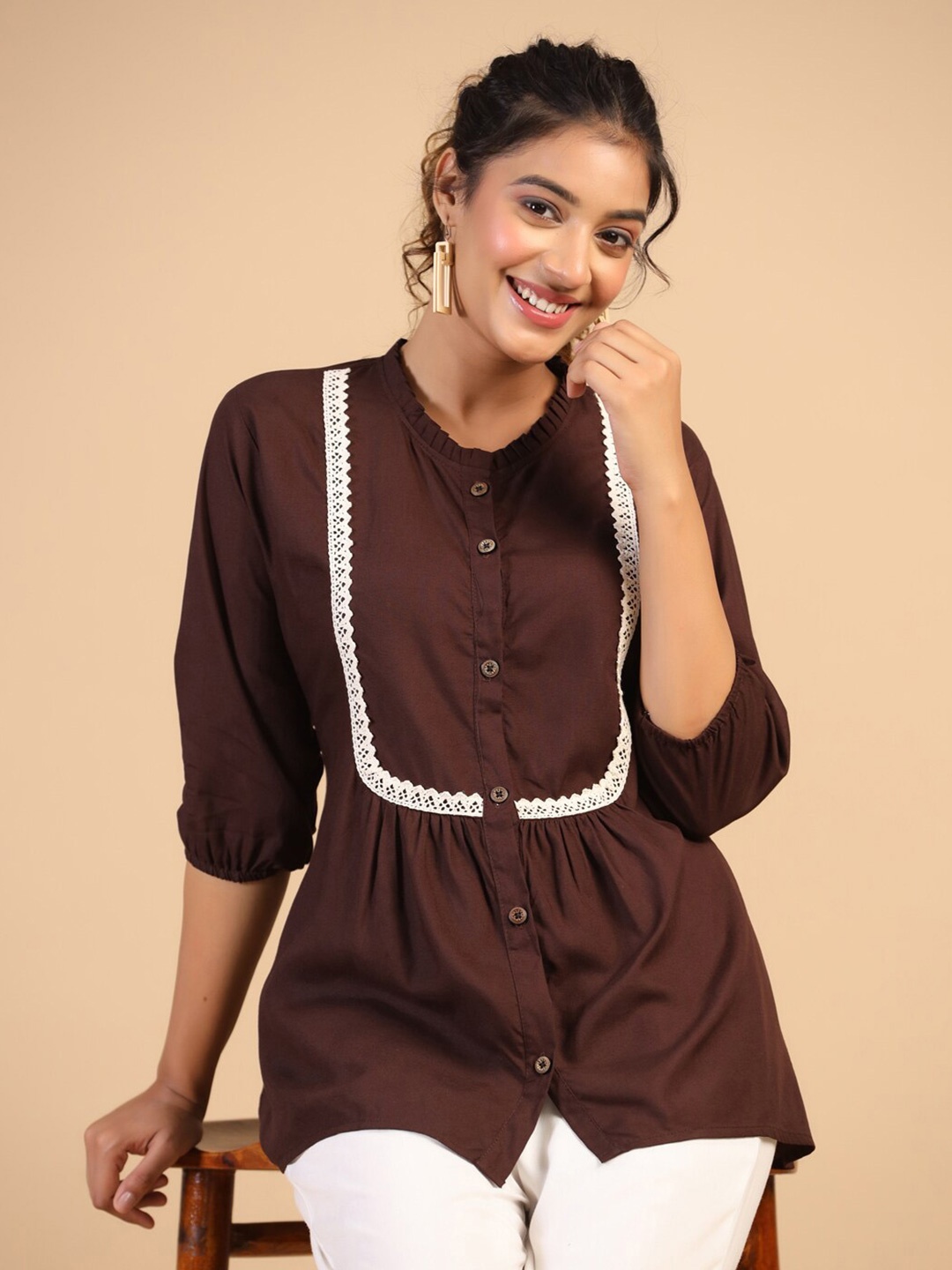 

Sangria Brown & White Round Neck Lace Inserts A-Line Tops