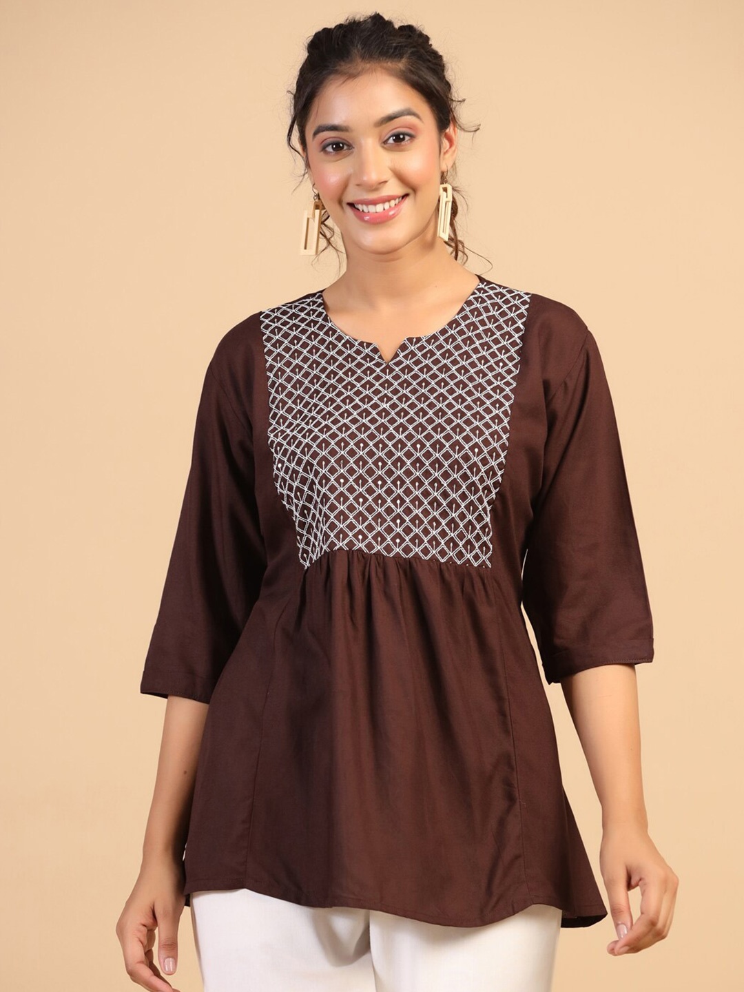 

Sangria Brown & White Embroidered A-Line Top