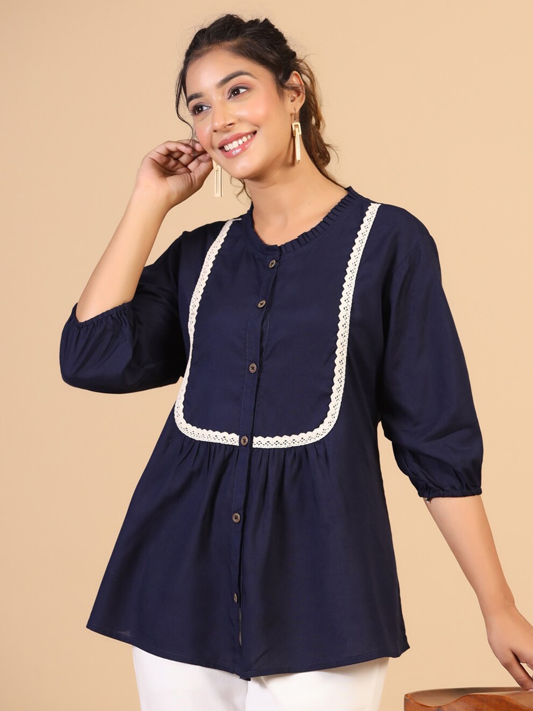 

Sangria Navy Blue & White Round Neck Lace Inserts A-Line Tops