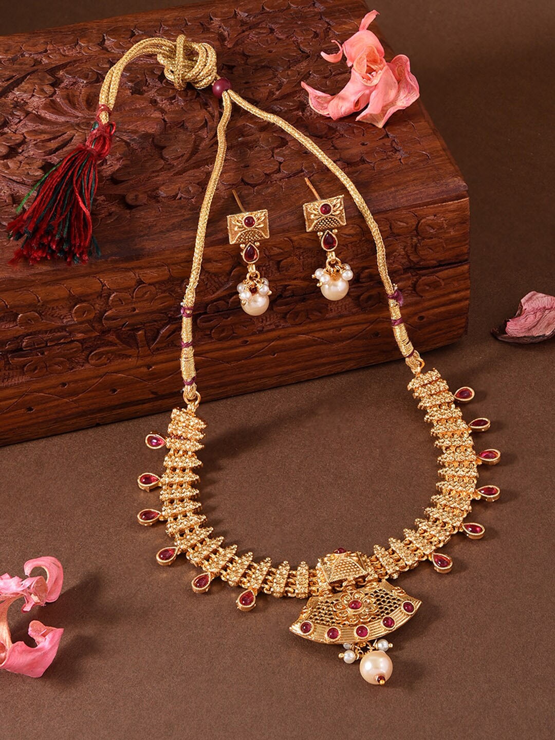 

Fida Gold-Plated Stone-Studded & Beaded Temple Jewellery set