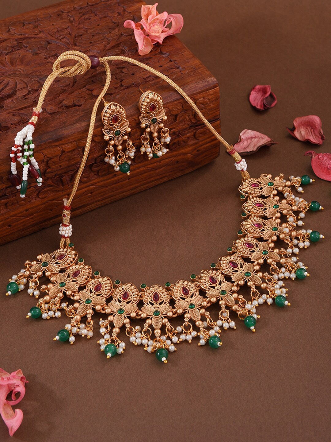 

Fida Gold-Plated Stone-Studded & Pearl-Beaded Temple Jewellery Set