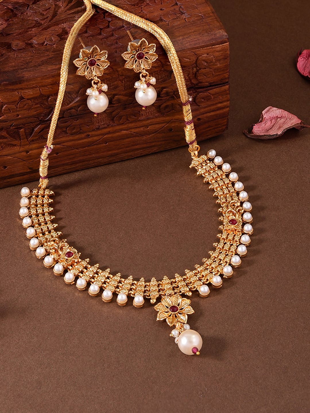 

Fida Gold-Plated Artificial Stone Studded & Pearl Beaded Temple Jewellery Set