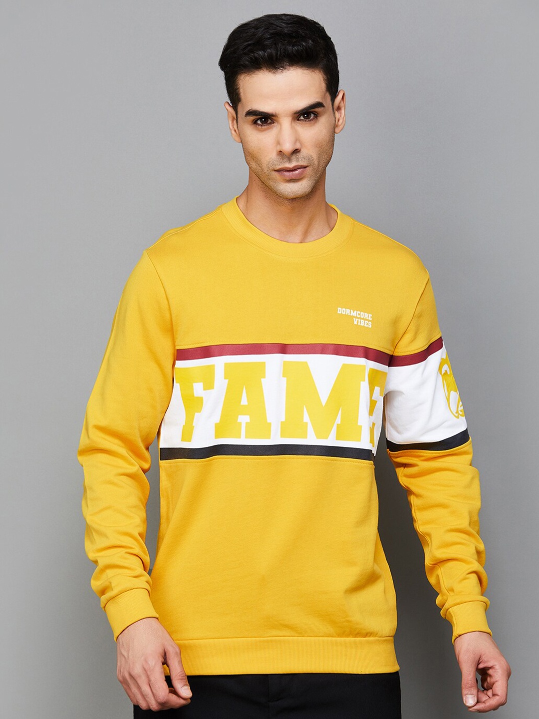 

Fame Forever by Lifestyle Typography Printed Cotton Pullover Sweatshirt, Yellow