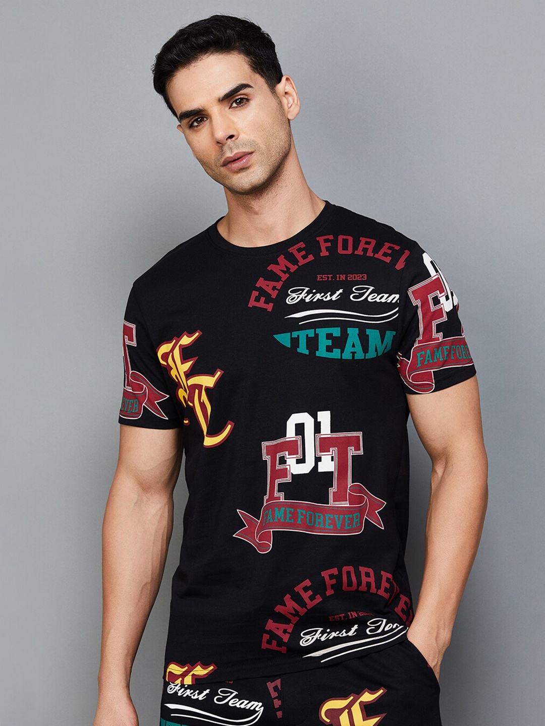 

Fame Forever by Lifestyle Typography Printed Round Neck Pure Cotton T-shirt, Black