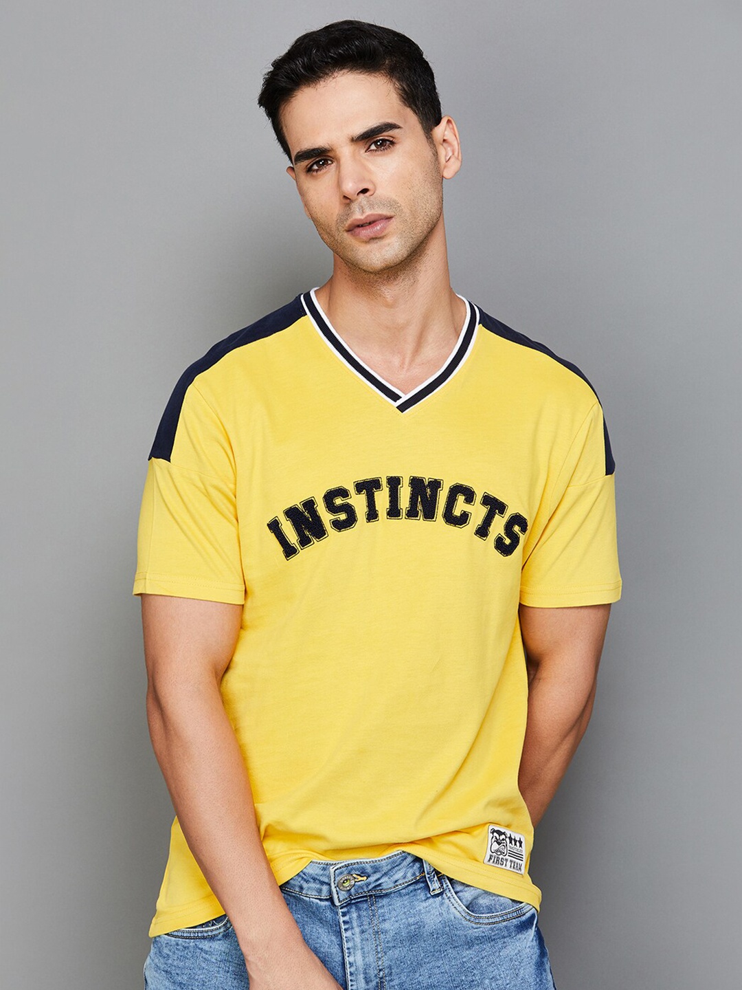 

Fame Forever by Lifestyle Typography Printed V-Neck Pure Cotton T-shirt, Yellow