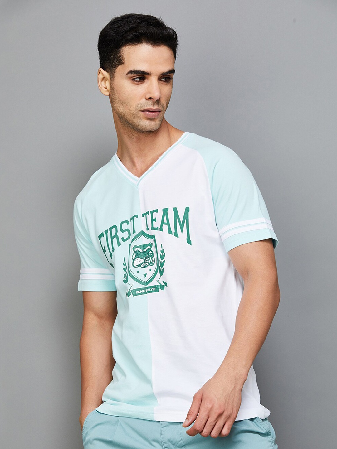 

Fame Forever by Lifestyle Typography Printed V-Neck Cotton T-shirt, Blue