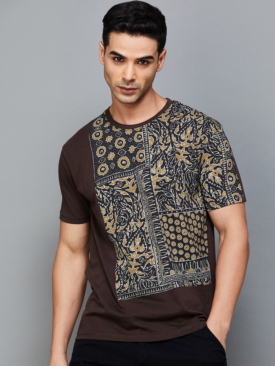

Fame Forever by Lifestyle Abstract Printed Round Neck Pure Cotton T-shirt, Brown