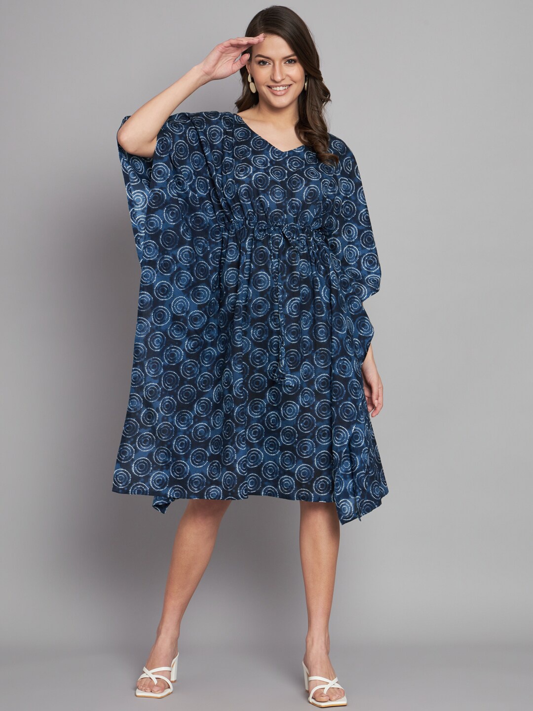 

Vastralay Geometric Printed V-Neck Flared Sleeves Gathered Cotton Kaftan Dress, Navy blue