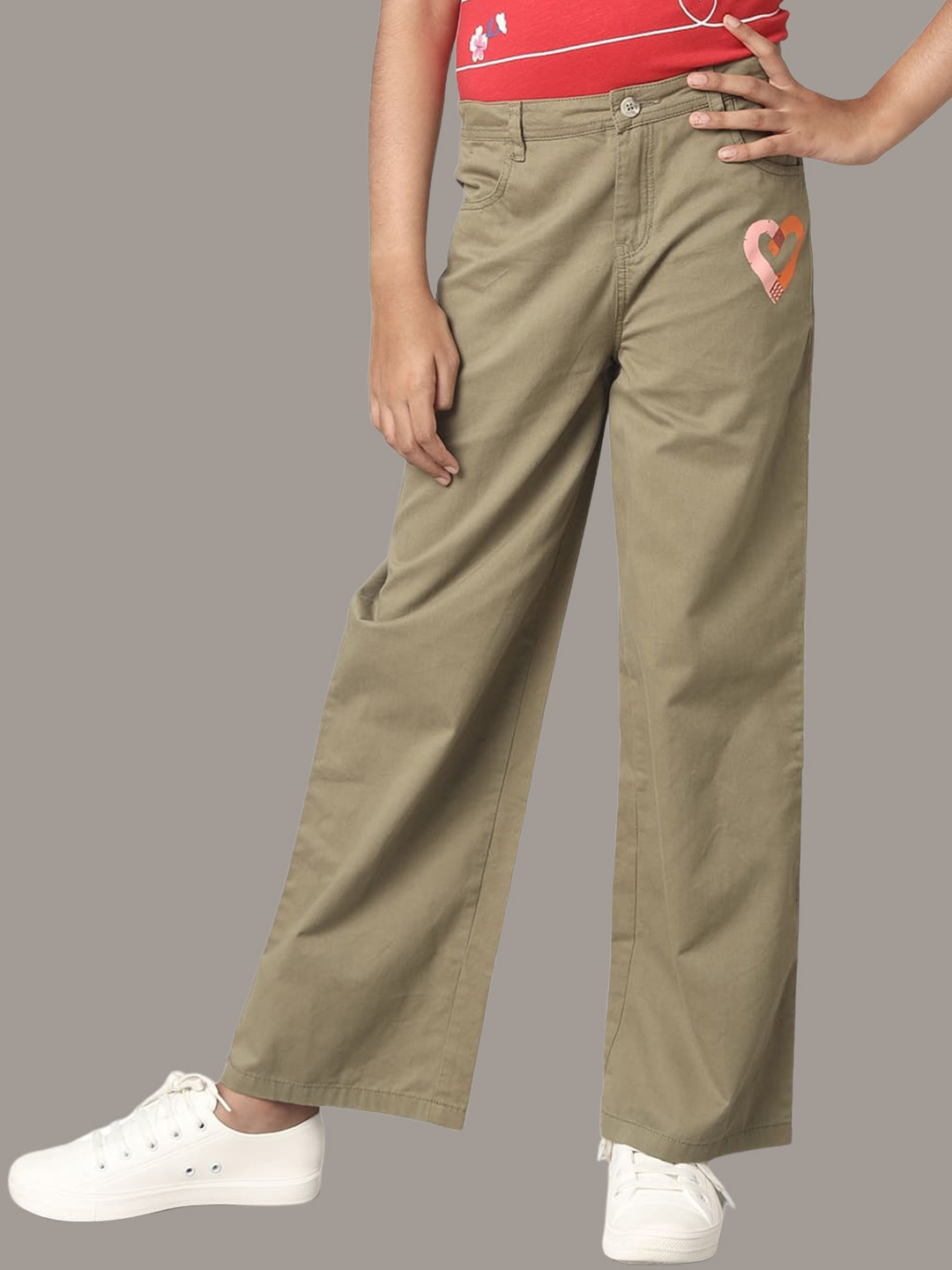 

UNDER FOURTEEN ONLY Girls Relaxed Mid-Rise Plain Cotton Chinos, Olive