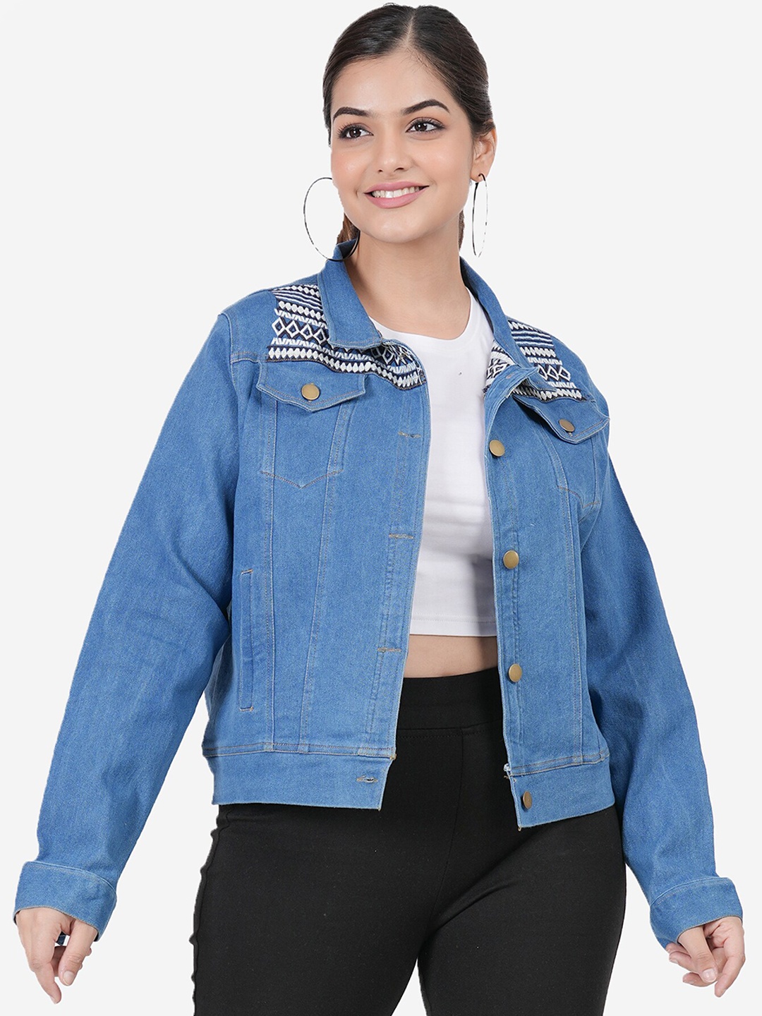 

SUMAVI-FASHION Embroidered Denim Jacket, Blue
