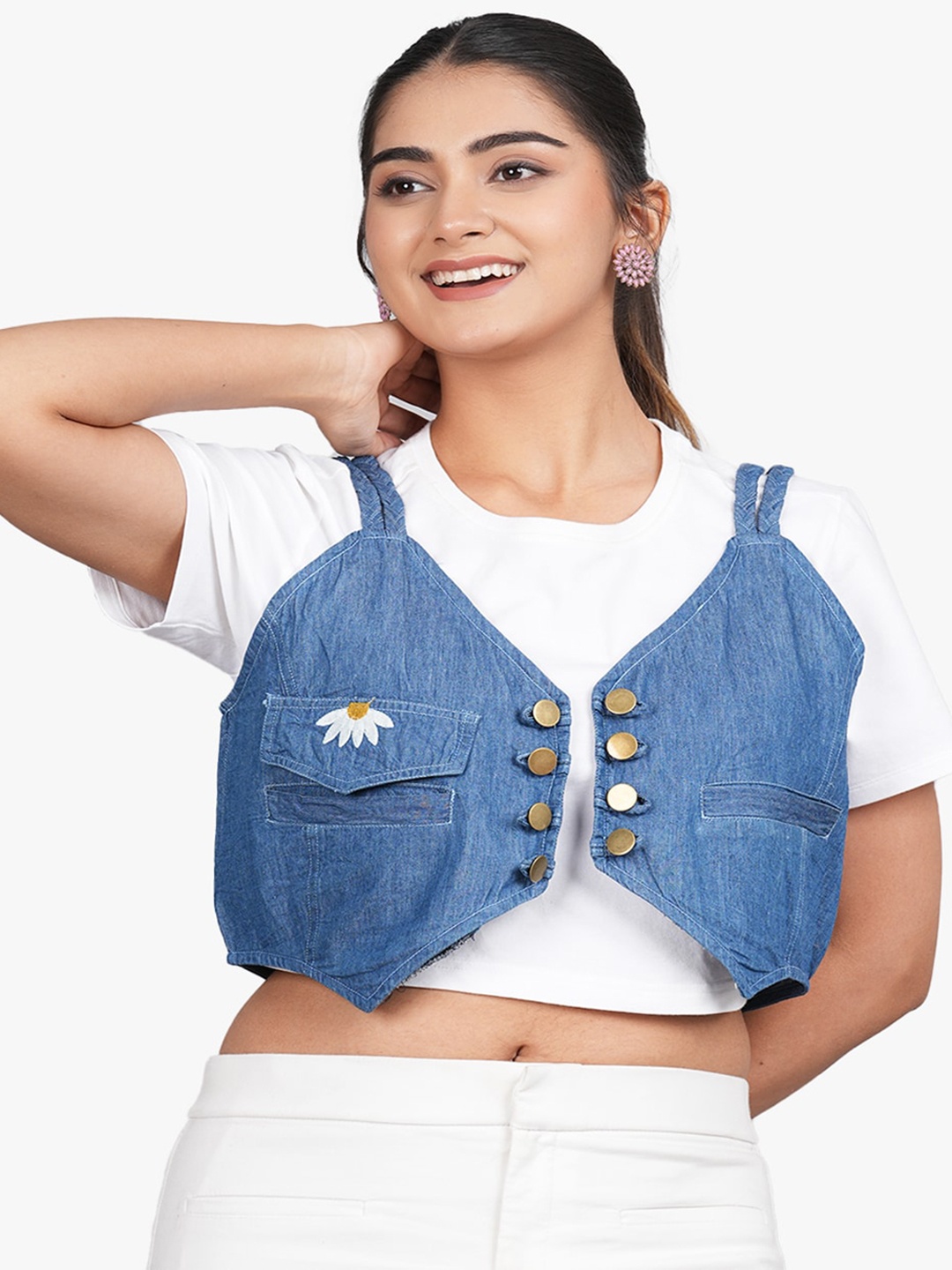 

SUMAVI-FASHION Embroidered Crop Denim Jacket, Blue