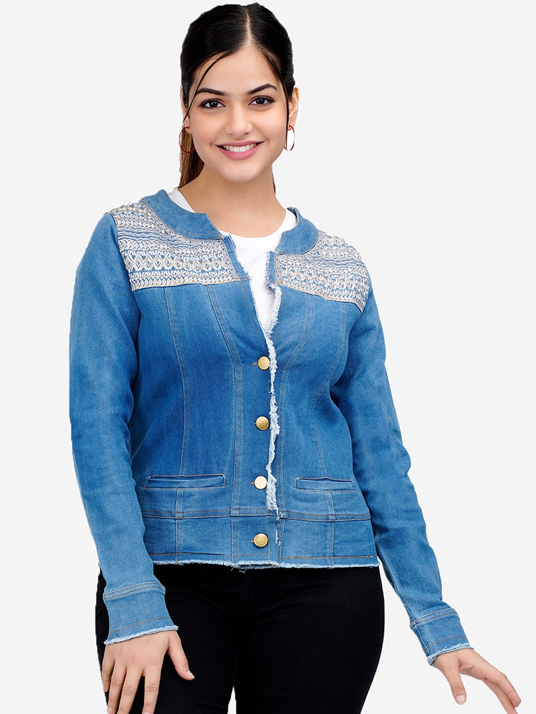 

SUMAVI-FASHION Embroidered Stand Collar Denim Jacket, Blue