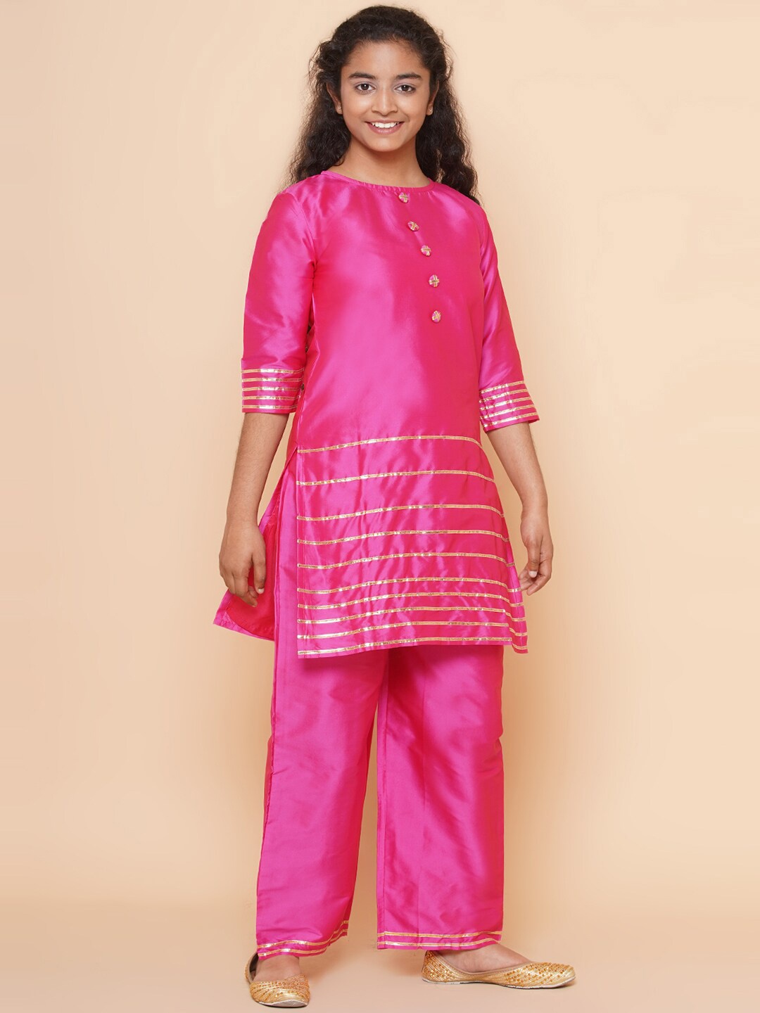 

Modish Couture Girls Regular Gotta Patti Kurta With Palazzos & Dupatta, Pink