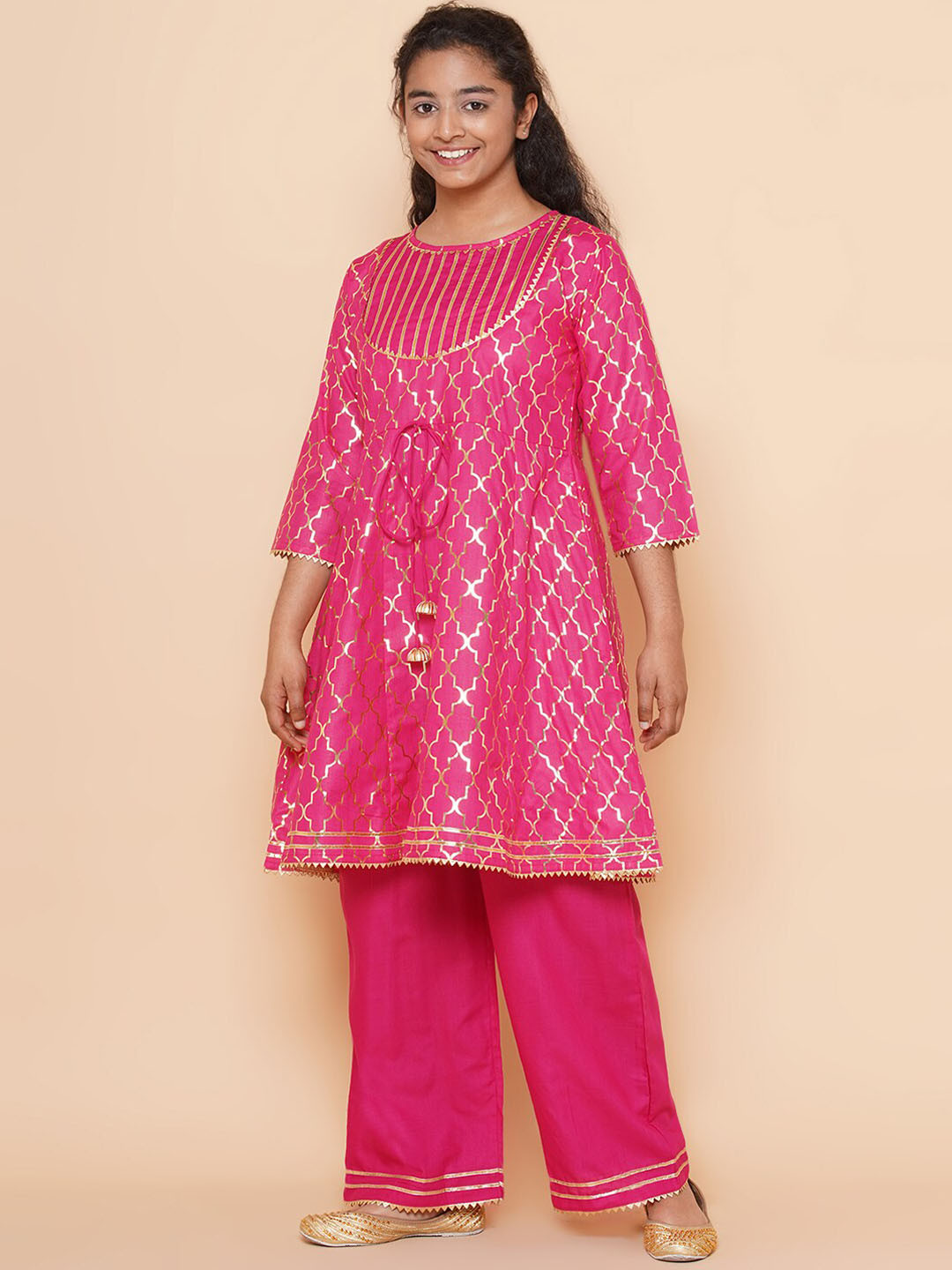 

Modish Couture Girls Geometric Printed Empire Gotta Patti Kurta With Palazzos, Pink